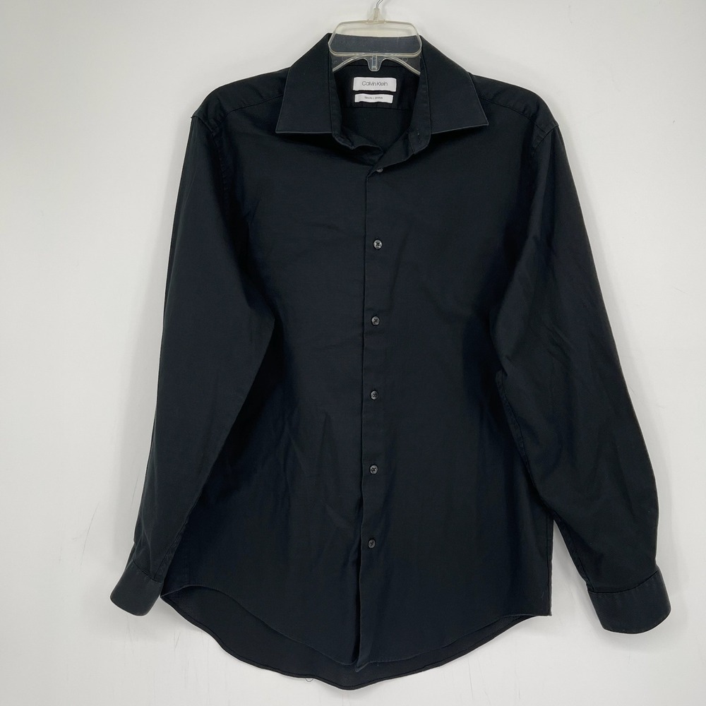 Calvin Klein Men's Black Slim Fit Stretch Button Front Top Dress Shirt Size L 16